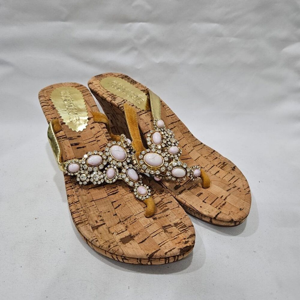 Mystique Cork Wedge Sandals Pink Stone Rhinestone Jeweled Thong Size 8 Gold